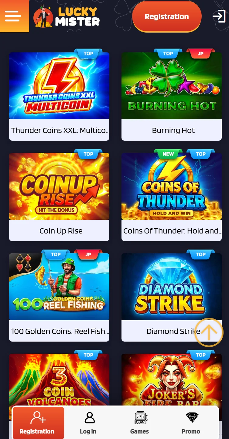 Lucky Mister casino mobile game catalog page