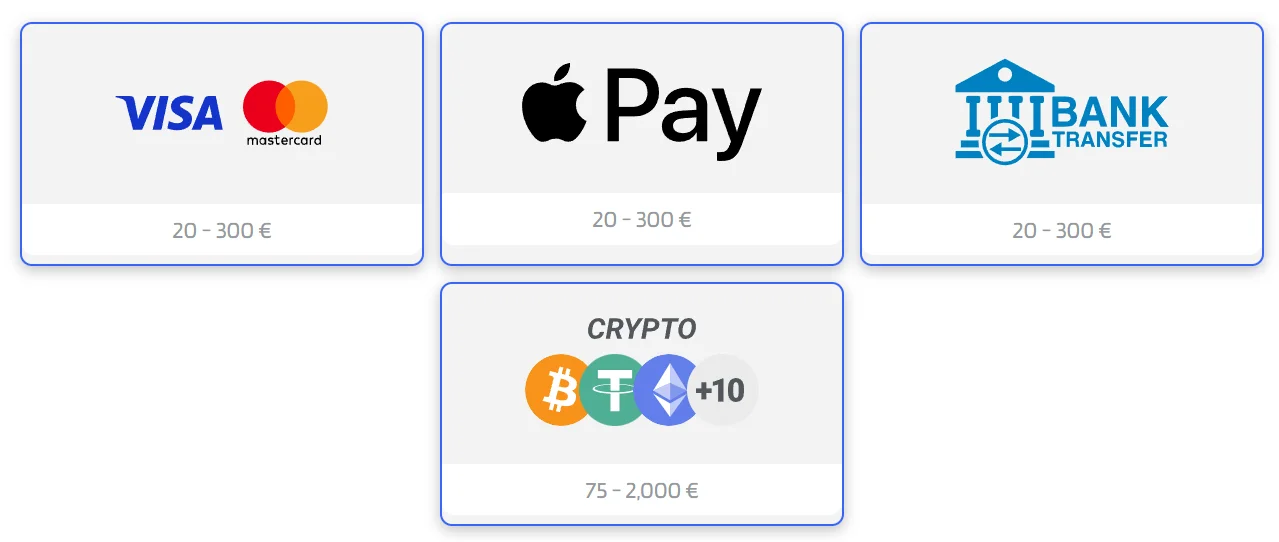 Deposit options: cards, Apple Pay, crypto