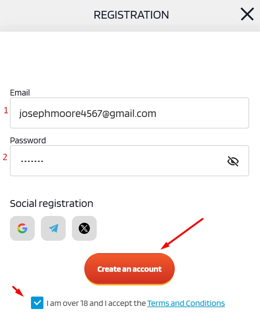 Registration form with email and password fields